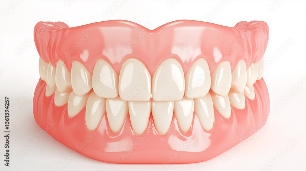 Obraz premium Close-up studio shot of a full set of upper and lower dentures against a bright white background. The dentures are pink and white, exhibiting a high level of detail in the molding and coloration
