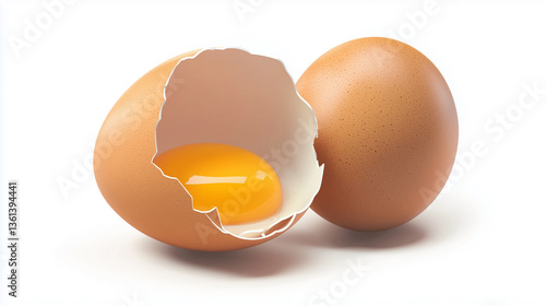 Close-up studio shot of a brown chicken egg, partially broken, revealing a bright yellow yolk. The egg is set against a pure white background, creating high contrast. The lighting is even and