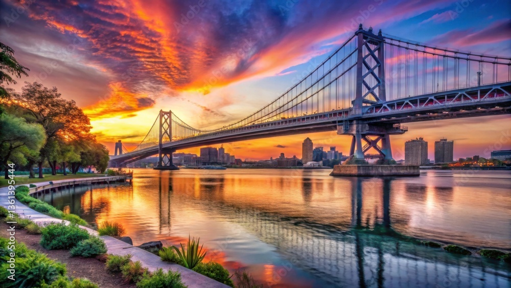 Fototapeta premium Stunning Illuminated Franklin Bridge at Sunset Over Water Reflection