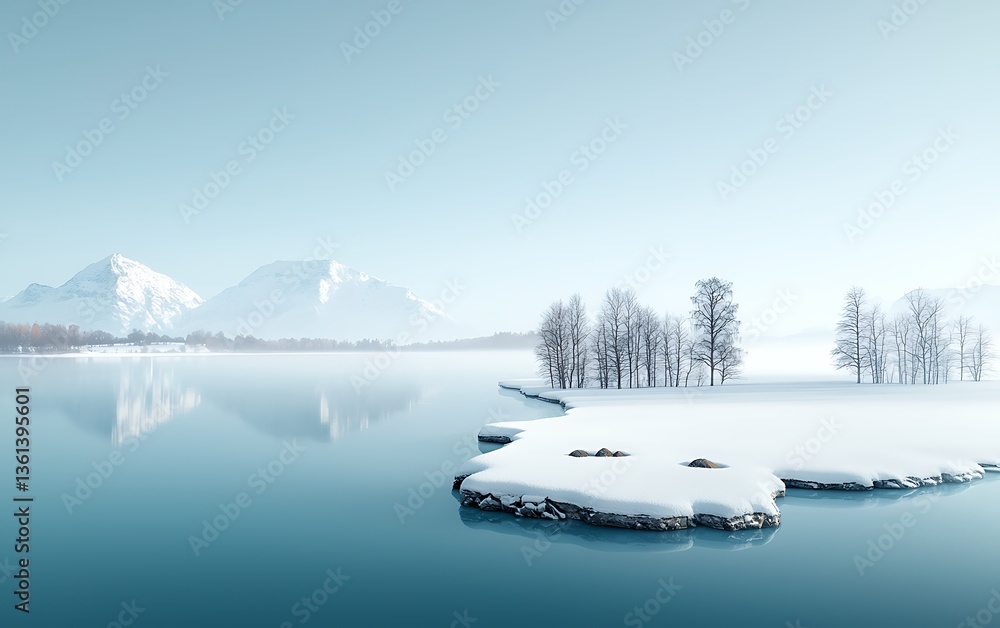 Serene winter landscape with snow-covered island and tranquil lake