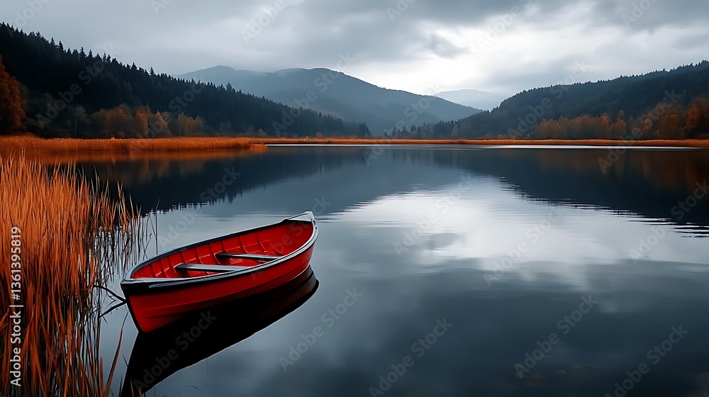 Red Rowboat on a Calm Autumn Lake, Mountain Reflections AI Generated Red Rowboat on a Calm Autumn Lake, Mountain Reflections AI Generated