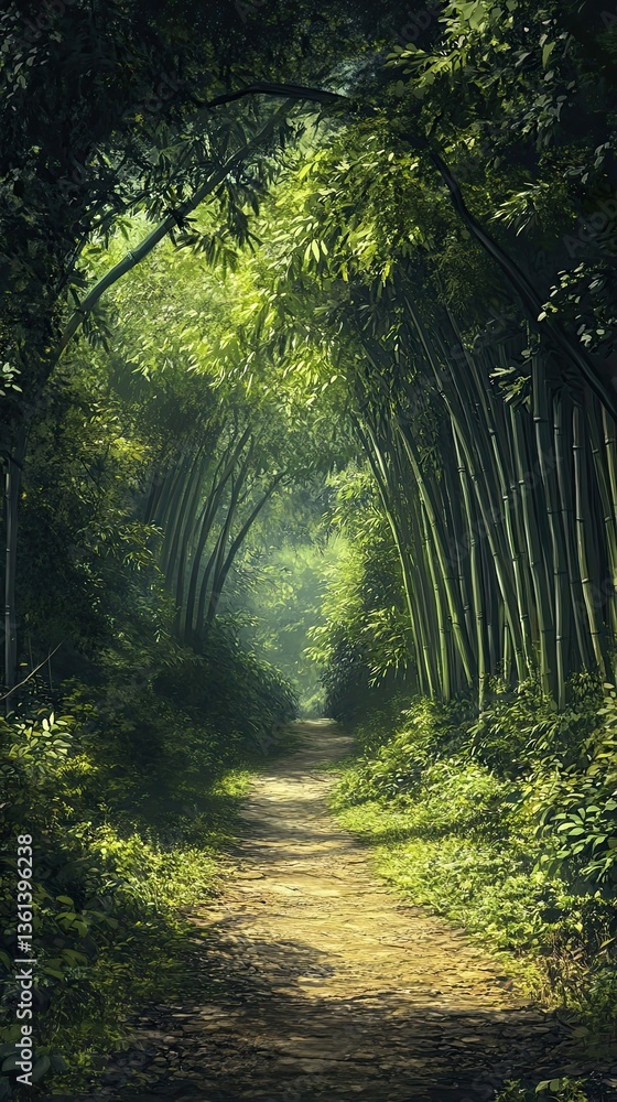 Naklejka premium A lush green bamboo forest with a winding dirt path