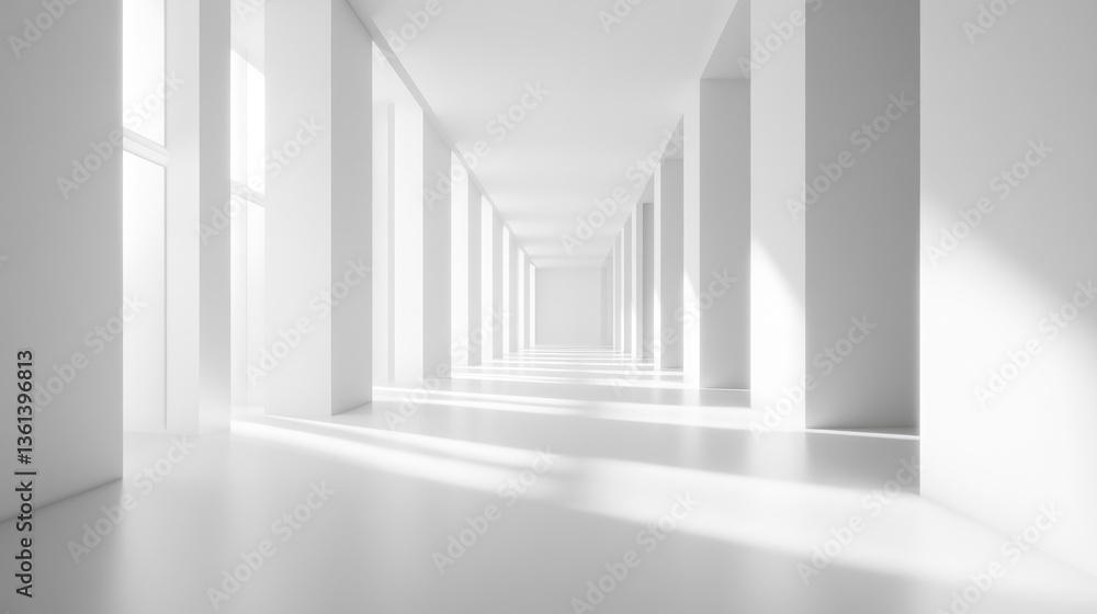 Bright Modern Interior Space with Minimalist Design and Natural Light Illuminating the White Columns and Floor Bright Modern Interior Space with Minimalist Design and Natural Light Illuminating the White Columns and Floor