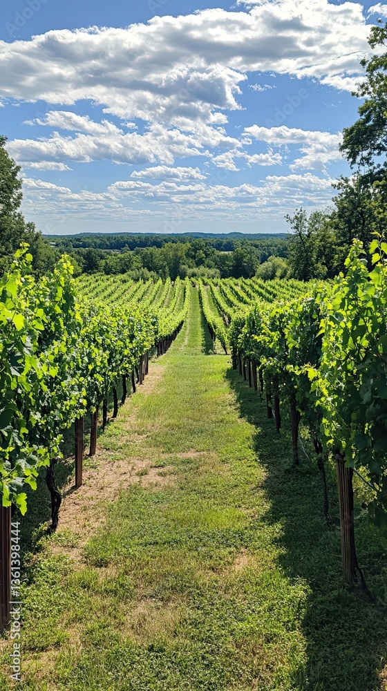 Naklejka premium Picturesque vineyard rows under a bright blue and cloudy sky