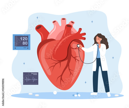 Cardiologist concept. Medical check up. Female Doctor listening to big realistic heart with stethoscope. Heart rate monitor. Flat Vector illustration.