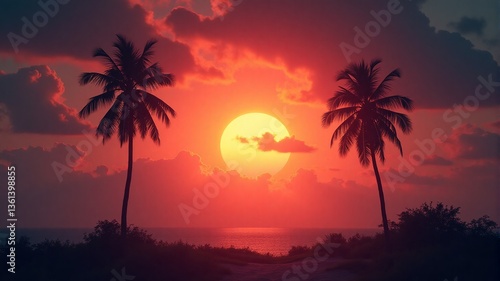 Sunset on a Tropical Beach with Palm Trees