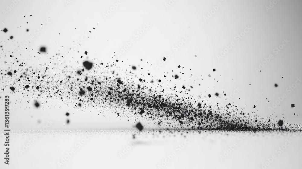 Abstract black dust particles creating dynamic pattern on a white background for artistic visual concepts