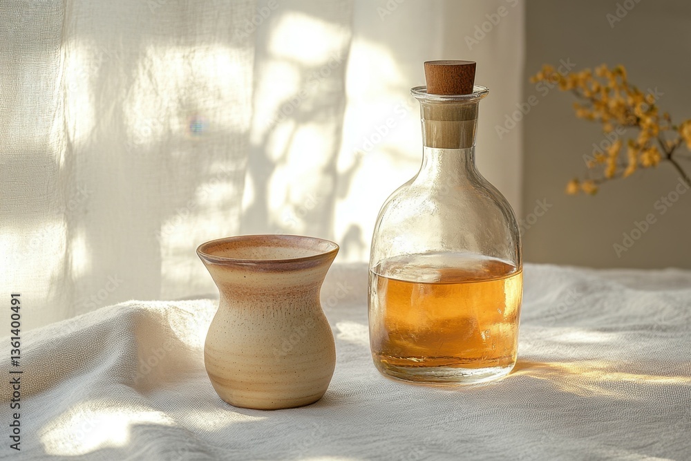 Obraz premium The Essence of Stillness: A glass jar and a pottery jar, gracefully placed on a draped cloth, cast intricate shadows and create a serene and atmospheric composition.