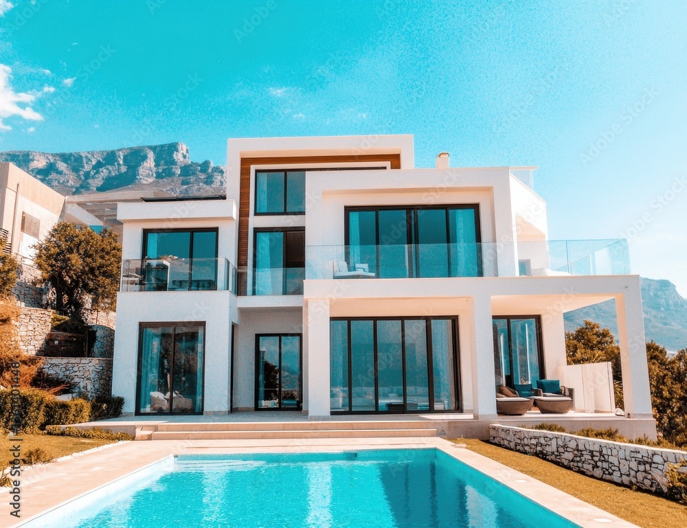 Fototapeta premium Modern Luxury Villa with Scenic Mountain Views and Pool Area