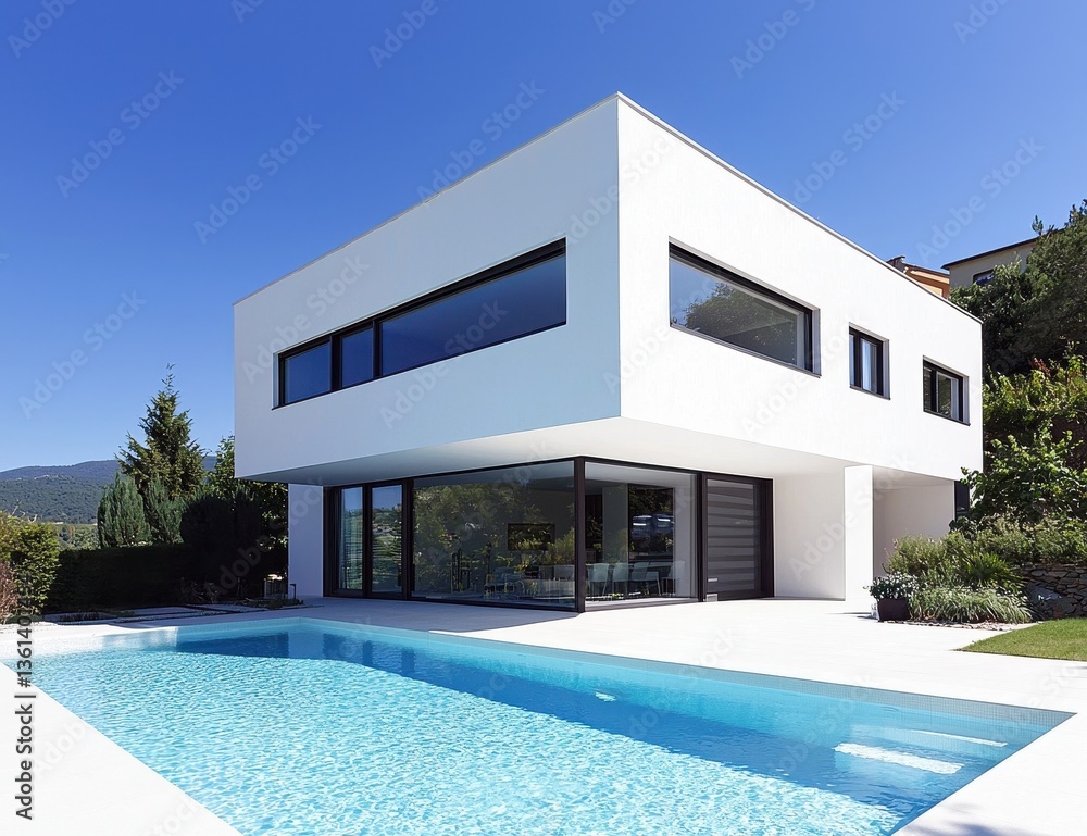 Fototapeta premium Modern White House with Pool and Clear Sky in Sunny Environment