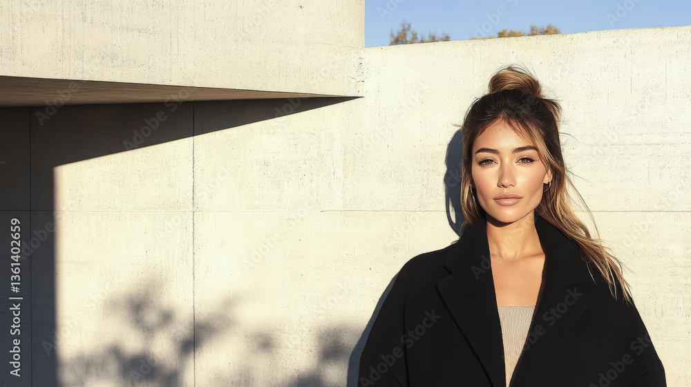 Fototapeta premium Model poses in modern architectural setting during golden hour