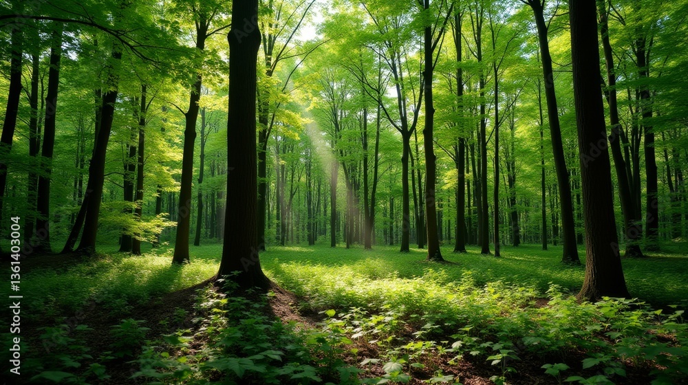 Naklejka premium A lush green forest bathed in a soft light hue, with sunlight filtering through the trees, creating a peaceful and enchanting atmosphere.