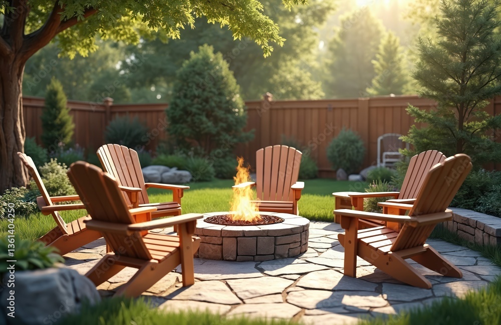 Cozy backyard fire pit scene. Wooden chairs around stone fire pit in green garden. Relax, enjoy evening sunset, vacation, summer. Modern backyard design concept for a home with outdoor living. Cozy backyard fire pit scene. Wooden chairs around stone fire pit in green garden. Relax, enjoy evening sunset, vacation, summer. Modern backyard design concept for a home with outdoor living.