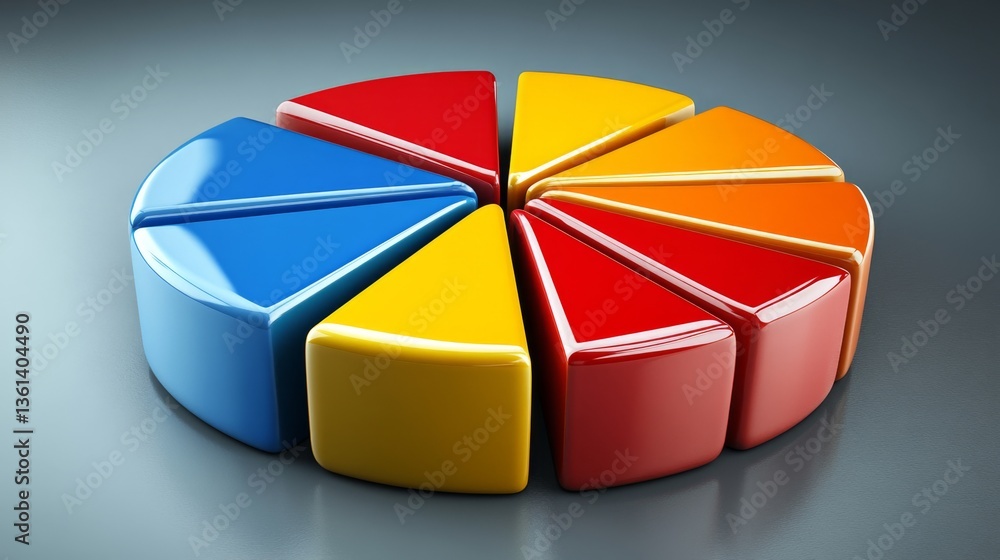 Obraz premium Elegant D pie chart with distinct color wedges, soft shadows, and space for title text