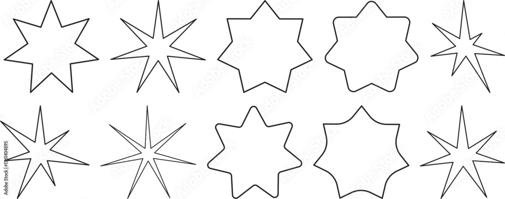 Vector Set of Geometric Star Shapes and Abstract Polygonal Designs – Outline Starburst, Spark, and Decorative Elements for Logos, Patterns, and Illustrations Vector Set of Geometric Star Shapes and Abstract Polygonal Designs – Outline Starburst, Spark, and Decorative Elements for Logos, Patterns, and Illustrations