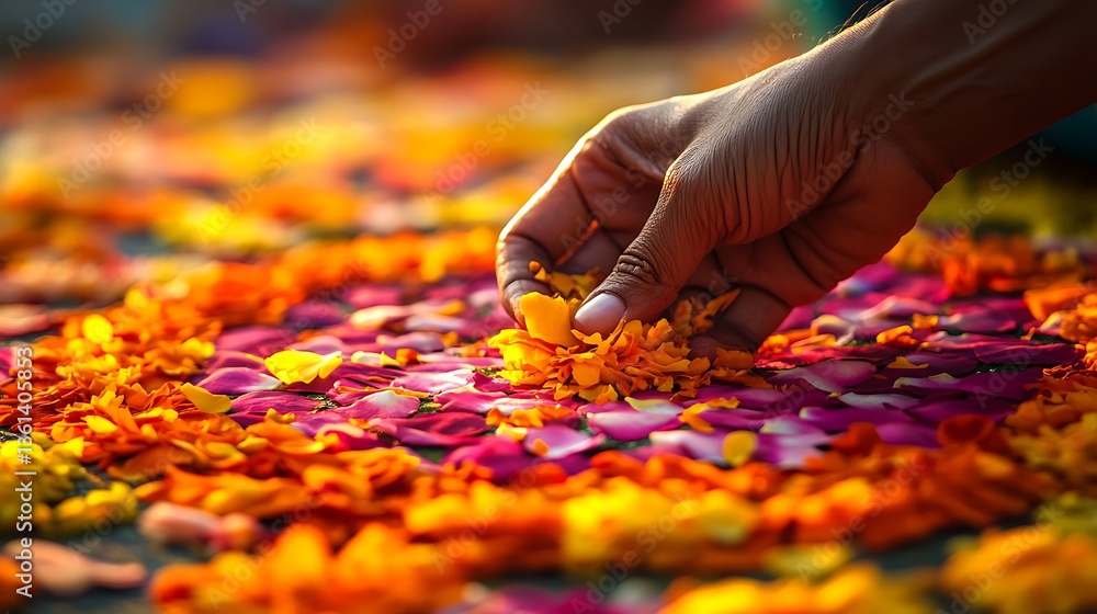 A close-up of a hand carefully placing flower petals into an intricate rangoli pattern, vibrant festival colors blending harmoniously, warm natural sunlight illuminating the design, cultural richness, A close-up of a hand carefully placing flower petals into an intricate rangoli pattern, vibrant festival colors blending harmoniously, warm natural sunlight illuminating the design, cultural richness,