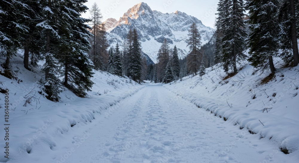 Fototapeta premium Snowy Path Through a Winter Mountain Forest