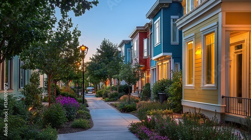 Colorful Townhomes at Dusk, Residential Street Scene