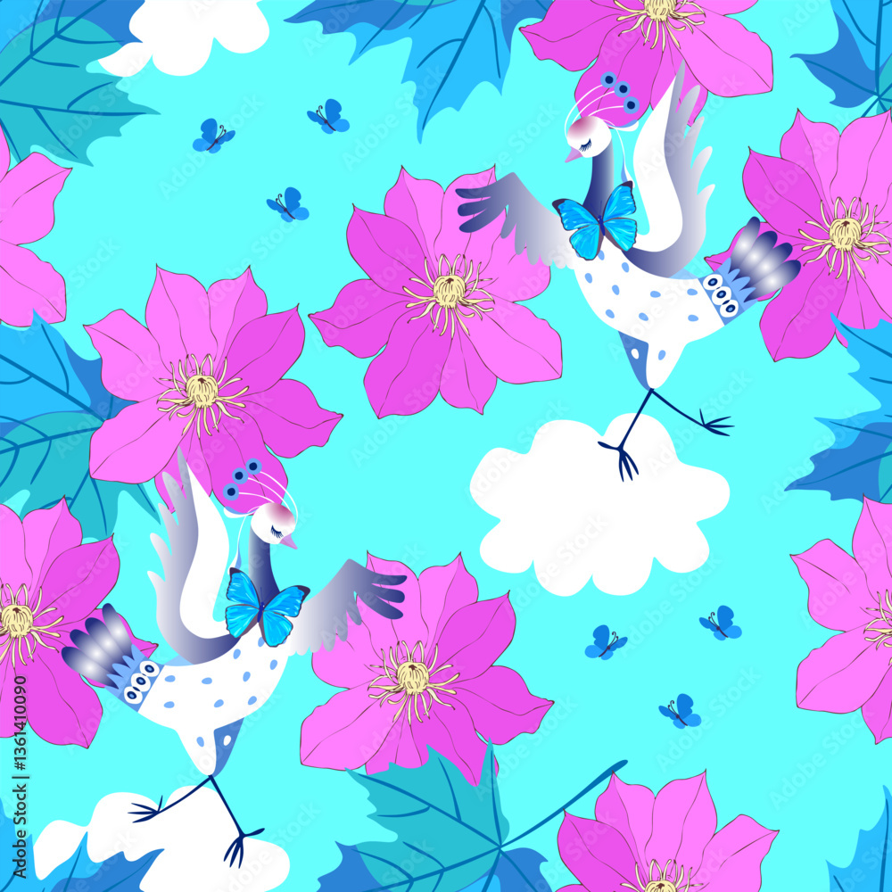 Fototapeta premium Cute cartoon cranes and tiny butterflies dance among bright pink flowers and clouds on a sky blue background. Seamless romantic vector pattern for fabric.