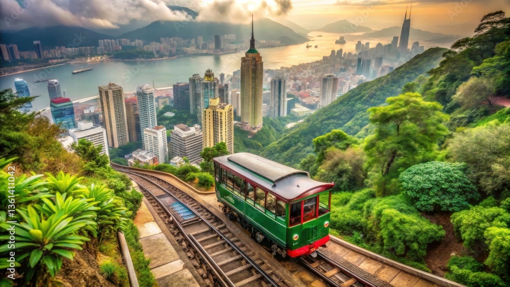 Fototapeta premium Scenic Tram Journey Through Green Hills and Urban Skyline at Sunset