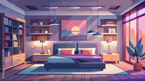 A sleek modern bedroom with minimalist furniture, neutral tones, and soft ambient lighting.