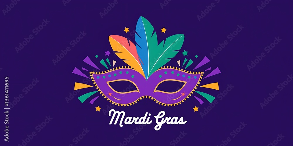 Obraz premium Mardi Gras celebration with a vibrant purple masquerade mask adorned with colorful feathers, surrounded abstract shapes stars festive elements on deep purple background elegant Mardi Gras lettering
