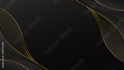 Abstract black luxury background with gold lines. Elegant wave modern wallpaper. Template banner background for sales, ads, events, awards, web, pages, and others