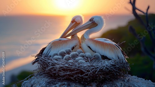 Pelican Family at Sunset: A heartwarming scene of pelicans and their chicks nestled together during a breathtaking sunset on the beach.