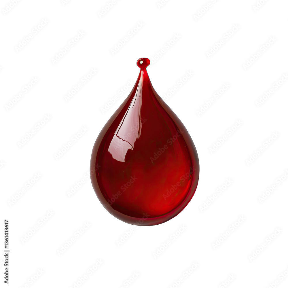 Fototapeta premium Crimson Liquid Droplet, Isolated on Black Background, Detailed Reflections, Shiny Texture