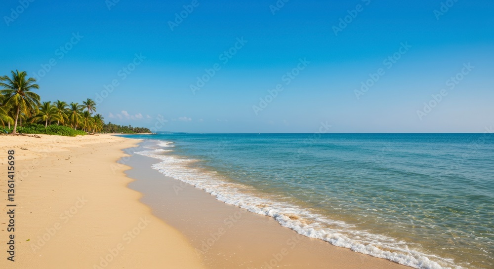 Tranquil Tropical Beach Scene Golden Sand Meets Azure Ocean Under a Bright Blue Sky Tranquil Tropical Beach Scene Golden Sand Meets Azure Ocean Under a Bright Blue Sky
