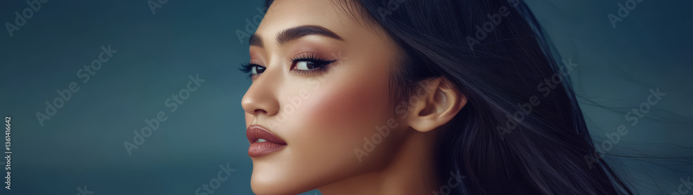 Naklejka premium Beautiful woman in profile with flowing hair against a serene blue background
