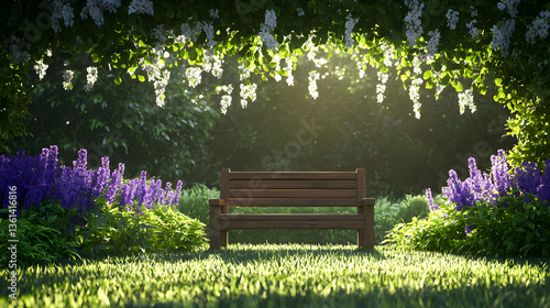 Wooden Bench In A Garden Under A Floral Canopy