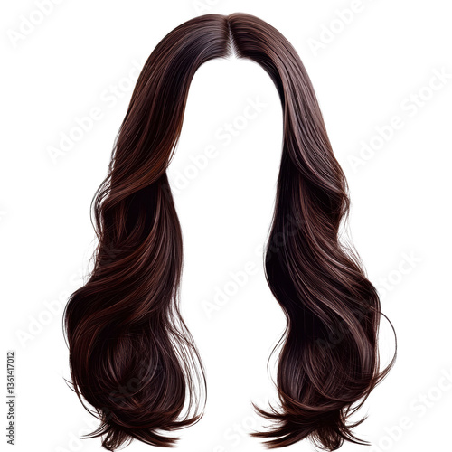 Stunning long brown hair draped elegantly over shoulders captured in natural light with a soft and dreamy quality white isolate background