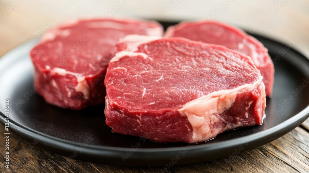 Fresh Raw Tender Beef Steaks on Black Plate Ready for Cooking or Grilling in Kitchen Environment Fresh Raw Tender Beef Steaks on Black Plate Ready for Cooking or Grilling in Kitchen Environment