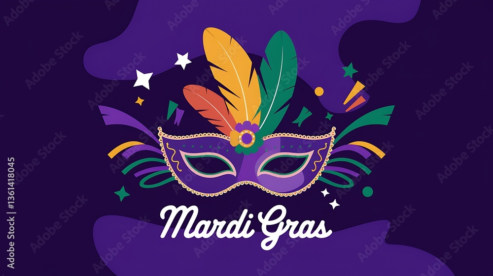 Fototapeta premium Mardi Gras celebration with a vibrant purple masquerade mask adorned with colorful feathers, surrounded abstract shapes stars festive elements on deep purple background elegant Mardi Gras lettering