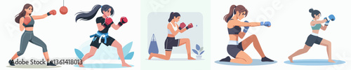 vector collection of muay thai, kickboxing and taekwondo athletes, young women