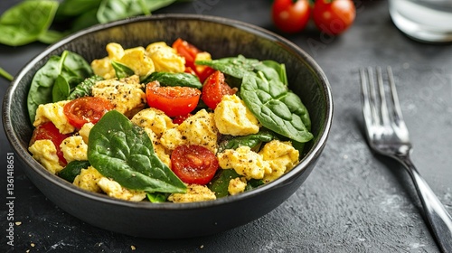 Healthy breakfast bowl with scrambled eggs, spinach, and fresh tomatoes.
