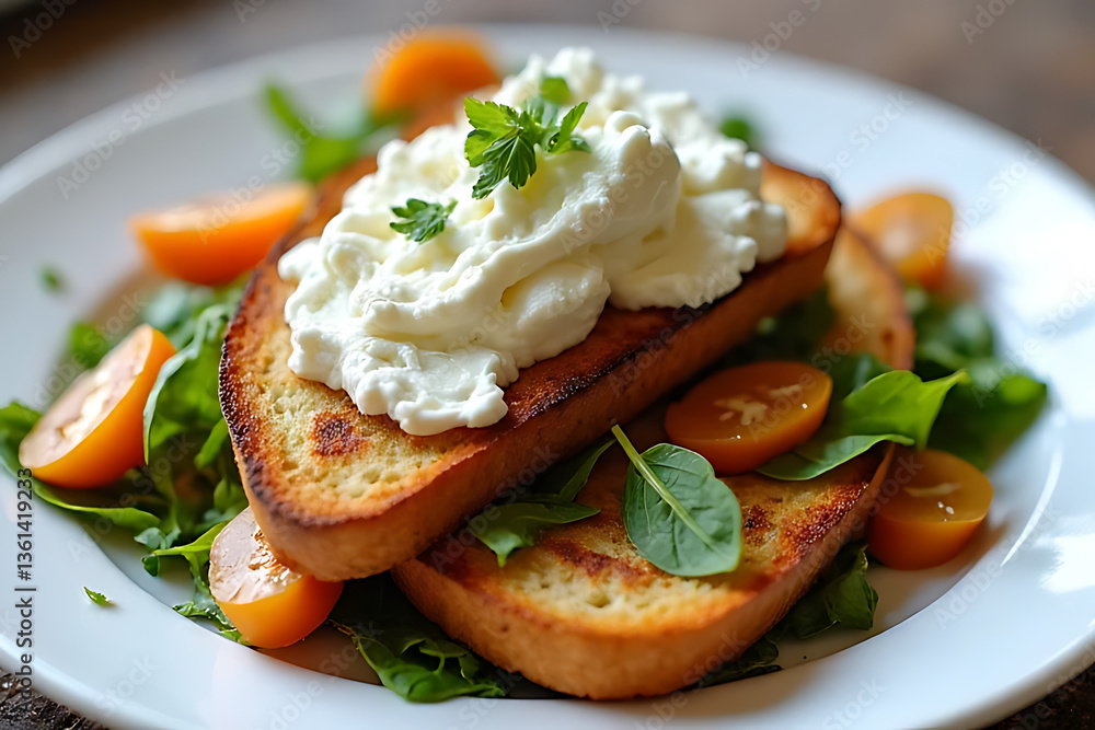 Delicious breakfast toast with whipped cream and tomatoes kitchen food photography cozy atmosphere Delicious breakfast toast with whipped cream and tomatoes kitchen food photography cozy atmosphere