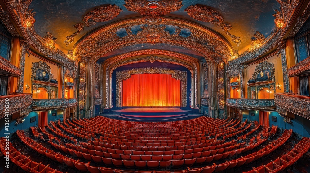 Obraz premium A beautifully decorated theater auditorium with a red curtain