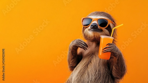 Sloth wearing sunglasses, holding a drink against a vibrant orange background