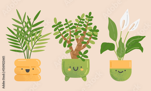 Cute home plants in pots. Vector illustrations in flat style. Cartoon indoor potted plants - palm, Jade plant, peace lily.
