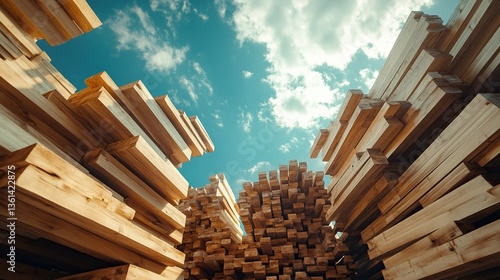 Wooden planks piled in the sky at lumber warehouse for construction