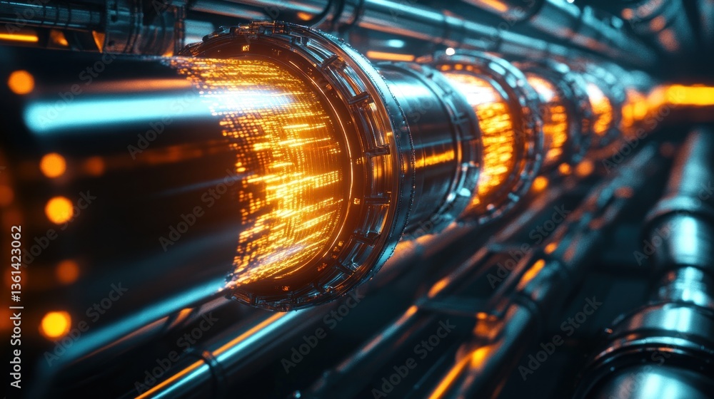 Futuristic, glowing, metallic pipes filled with digital data streams. Abstract, technology, engineering, system, innovation, power. Futuristic, glowing, metallic pipes filled with digital data streams. Abstract, technology, engineering, system, innovation, power.