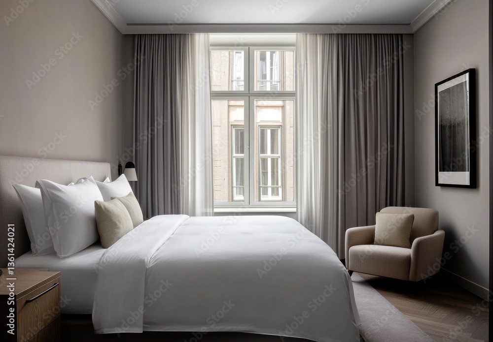 Fototapeta premium Minimalist bedroom with large window, beige walls, and comfortable seating.