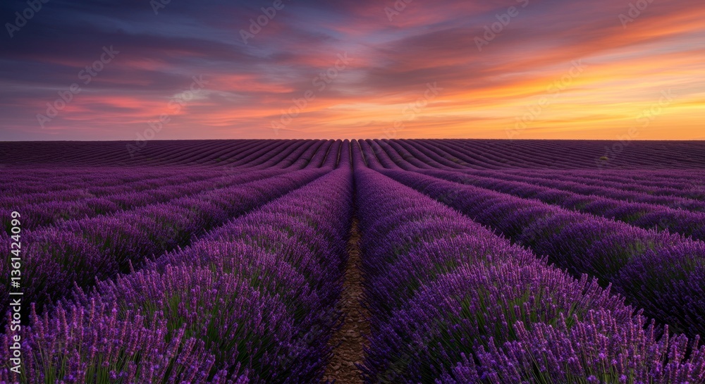 Obraz premium Vibrant Purple Lavender Field at Sunset, Scenic Rural Landscape