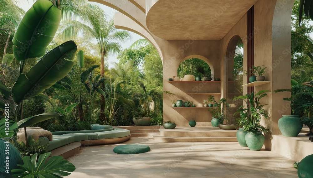 Fototapeta premium Green Innovation Patio Sustainable Architecture with Lush Tropical Plants