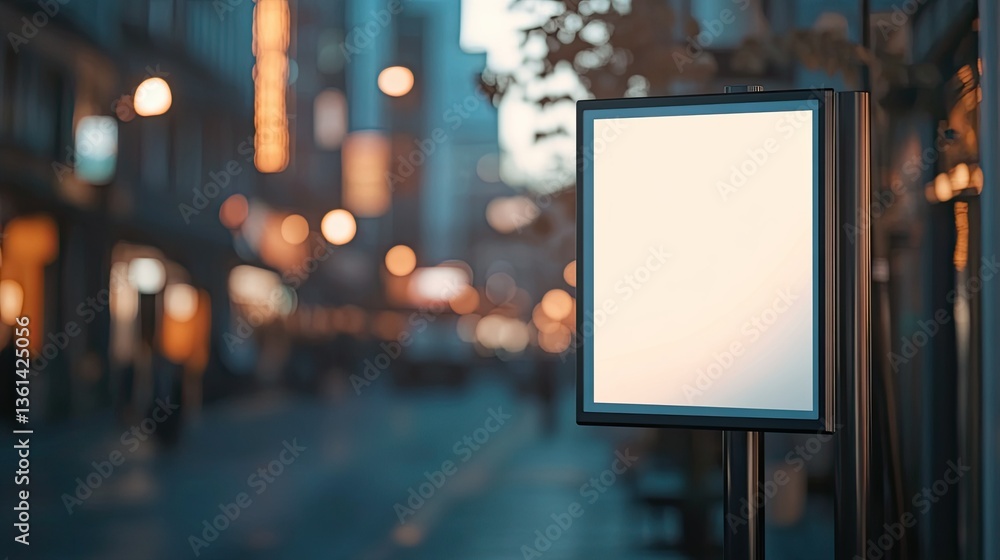 close up empty sign, mockup with black empty background near cafe, in background street on sunset in blur close up empty sign, mockup with black empty background near cafe, in background street on sunset in blur
