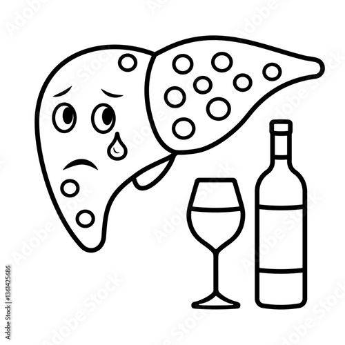 Vector Icon Depicting Liver Cirrhosis and Alcoholism With a Sad Liver, Wine Bottle, and Glass on a White Background