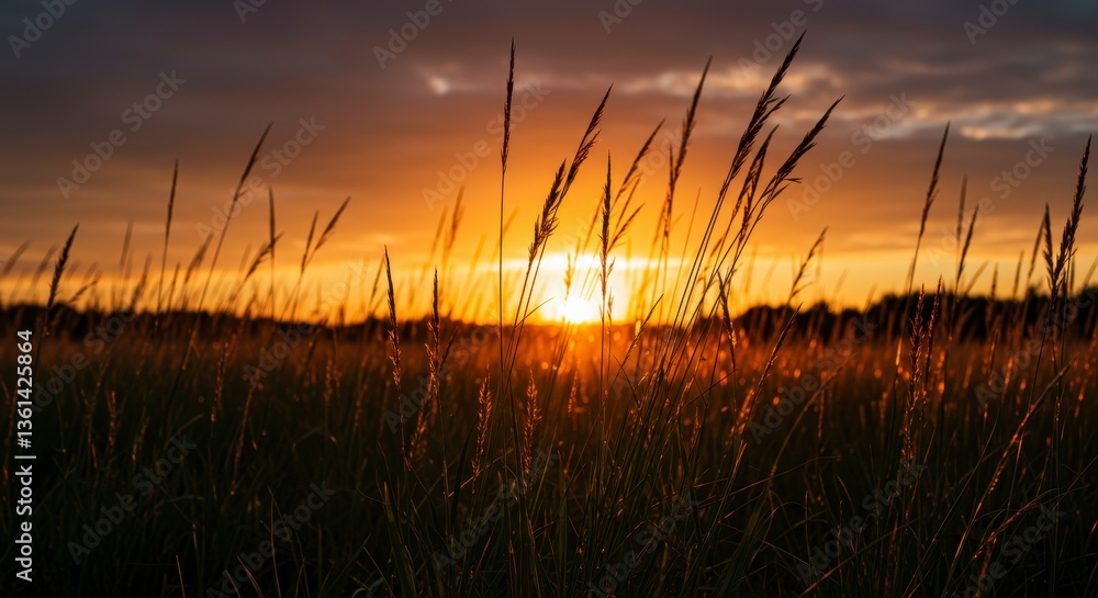 Obraz premium Vibrant Sunset over Grassy Field, Silhouetted Plants and Warm Colors