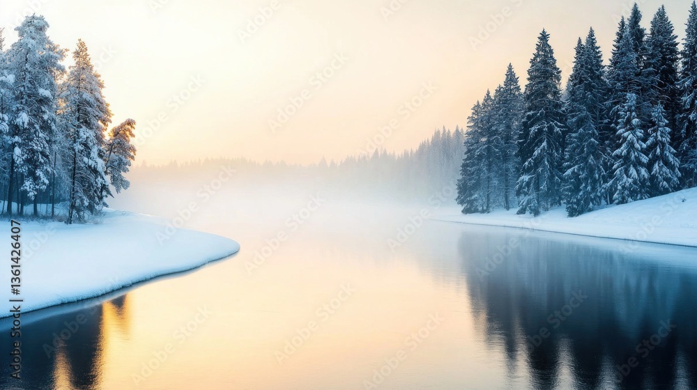 Fototapeta premium Peaceful winter morning reflection serene lake photography snowy landscape calm view nature beauty